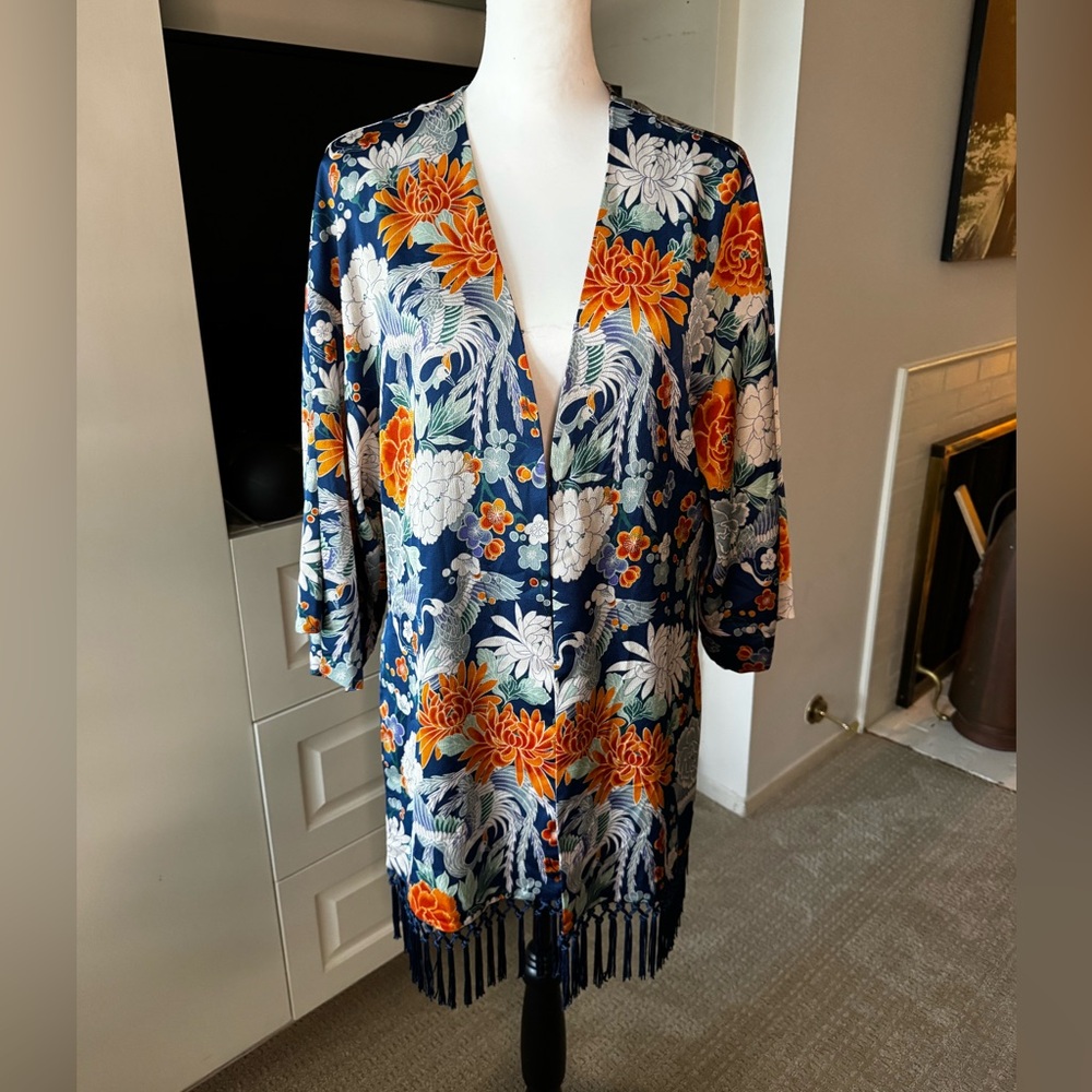 Highline Collective Floral Kimono Jacket w/ Fringe Hem | One